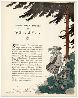 Guide pour toutes les Villes d'Eaux, 1921 - Pierre Brissaud, Vichy, Evian, Royat... La Gazette du Bon Ton, Text by Hamilton, 4 pages