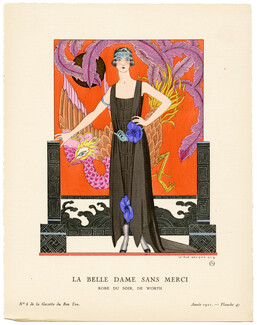 La Belle Dame Sans Merci, 1921 - George Barbier, Robe du soir de Worth. Art Deco Pochoir. La Gazette du Bon Ton, n°6 — Planche 47