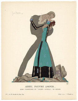 Adieu, Pauvre Amour..., 1921 - Georges Lepape, Robe d'après-midi en "Palmes Agnella" de Rodier. La Gazette du Bon Ton, n°7 — Planche 50