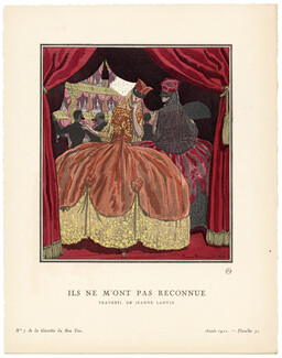 Ils ne m'ont pas reconnue, 1921 - Pierre Brissaud. Travesti, de Jeanne Lanvin. Art Deco Pochoir. La Gazette du Bon Ton, n°7 — Planche 52