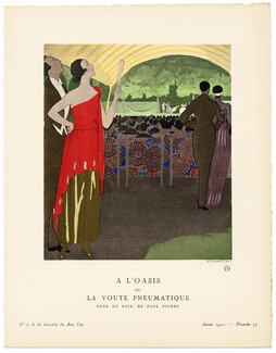 À L’Oasis — ou — La Voûte Pneumatique, 1921 - A. E. Marty, Robe du soir de Paul Poiret. La Gazette du Bon Ton, n°7 — Planche 53