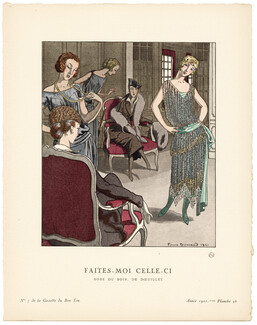 Faites-moi celle-ci, 1921 - Pierre Brissaud, Robe du soir de Doeuillet. La Gazette du Bon Ton, n°7 — Planche 56