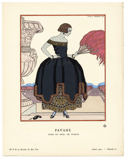 Pavane, 1921 - George Barbier, Robe du soir, de Worth. Art Deco Pochoir. La Gazette du Bon Ton, n°8 — Planche 61