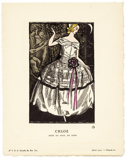 Chloë, 1921 - Fernand Simeon. Robe du soir, de Beer. Art Deco Pochoir. La Gazette du Bon Ton, n°8 — Planche 62