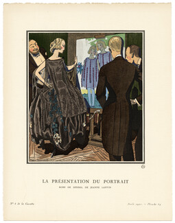 La Présentation du Portrait, 1921 - Pierre Brissaud. Robe du soir et robes de fillettes, de Jeanne Lanvin. Art Deco Pochoir. La Gazette du Bon Ton, n°8 — Planche 64