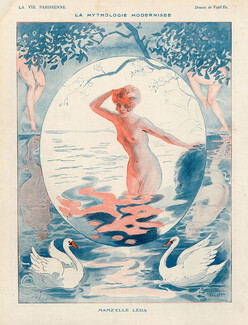 Vald'Es 1918 "La Mythologie Modernisée" Leda, nude, swan