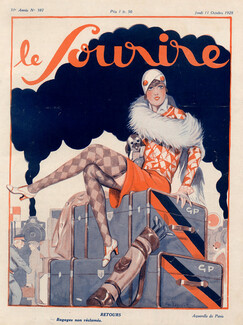Retours, 1928 - Georges Pavis Back From Holidays, Luggage, Pekingese Dog, Le Sourire Cover