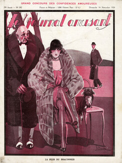 La Peur du Braconnier, 1926 - I. Cuesta Afraid of the Poacher, Pekingese Dog, Le Journal Amusant Cover