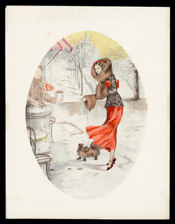 J. Dorval — Parisian Woman With Dog, Montmartre, Pekingese Dog