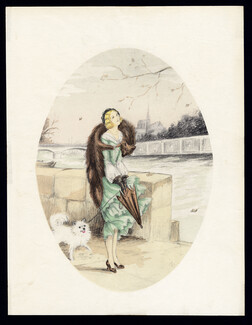 J. Dorval — Parisian Woman With Dog, Notre-Dame de Paris, Fox Fur