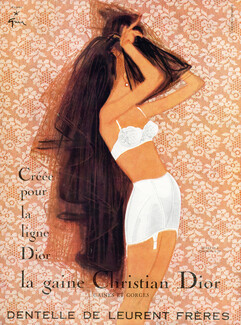 Christian Dior (Lingerie) 1958 Girdle, Bra, René Gruau (Version B) Ceinture D25, Dentelle Leurent Frères