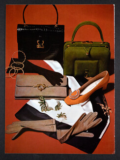 Hermès (Handbags, Jewels), Harry Winston, Fernande Desgranges, Christian Dior (Shoe), Bianchini Férier (Scarf) 1967