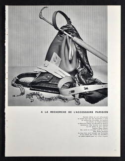 À la recherche de l'accessoire parisien, 1956 - Hermès sac fourre-tout et ceinture, Echarpe Bianchini Férier, Sac Ferest, Cis