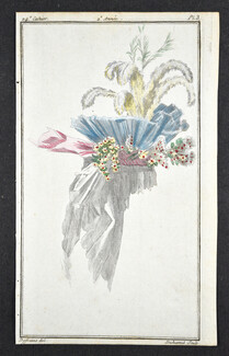 Magasin des Modes Nouvelles 1787 cahier n°24, plate n°3, Defraine, Bonnet