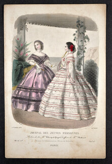 Journal des Jeunes Personnes 1859 Héloïse Leloir, hand colored fashion plate