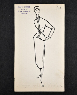 Jean Dessès - Original fashion drawing n°710 on cardboard