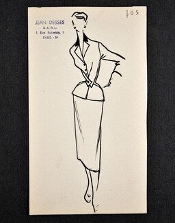 Jean Dessès - Original fashion drawing n°705 on cardboard