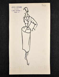 Jean Dessès - Original fashion drawing n°704 on cardboard
