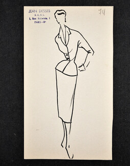 Jean Dessès - Original fashion drawing n°711 on cardboard
