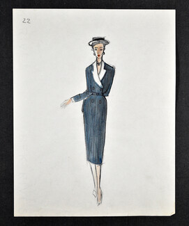 Molyneux & Cie - Original fashion drawing, Robe d'après-midi en lainage marine