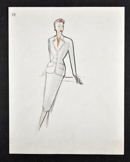 Molyneux & Cie - Original fashion drawing, Tailleur en tweed beige