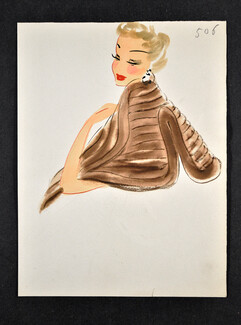 Original Fashion Drawing (F.C.) 1940-50's circa n°506 Fur