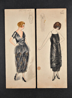 Paul Poiret, Callot Soeurs 1910s, 2x Original Fashion Drawings, Dinner Dress