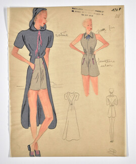 Madeleine Thiébaut 1947 Original Fashion Drawing, Beachwear