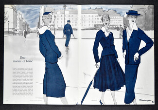 Duo Marine et Blanc, 1955 - Pierre Mourgue Jeanne Lanvin Castillo, Jean Patou, Jacques Fath, 4 pages