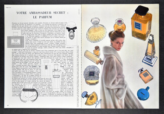 Votre ambassadeur secret : le Parfum, 1963 - Joy, Calèche, Sortilège, Shalimar, Capricci, Arpège, Numéro 5... Photo Jacques Decaux, 4 pages, Texte par Fabienne Cousin, 4 pages