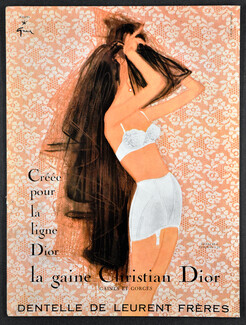 Christian Dior (Lingerie) 1958 Girdle, Bra, René Gruau (Version B) Ceinture D25, Dentelle Leurent Frères