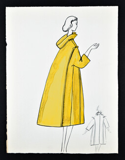Bassia 1956 Original Fashion Drawing, Yellow Coat