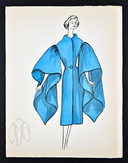 Bassia 1956 Original Fashion Drawing, Extra Wide Sleeve Blue Coat