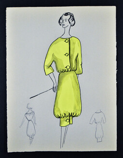Bassia 1956 Original Fashion Drawing, Yellow Dress
