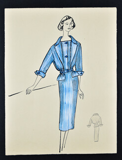 Bassia 1956 Original Fashion Drawing, White Blue Striped Suit