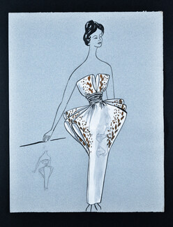 Bassia 1960 Original Fashion Drawing, White Strapless Evening Dress