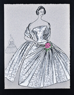 Bassia 1960 Original Fashion Drawing, White Evening Gown