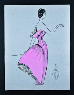 Bassia 1960 Original Fashion Drawing, Pink Evening Dress