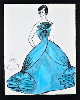 Bassia 1960 Original Fashion Drawing, Blue Evening Dress