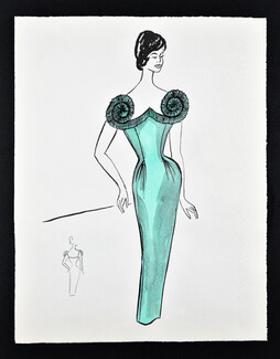 Bassia 1960 Original Fashion Drawing, Turquoise Evening Dress