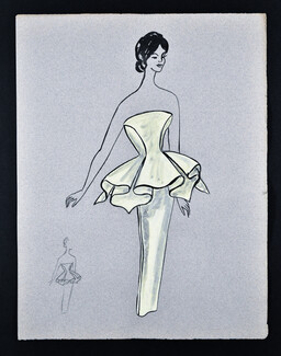 Bassia 1960 Original Fashion Drawing, Light Yellow Evening Dress