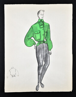 Bassia 1960 Original Fashion Drawing, Green Jacket, Grey Trousers