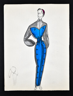 Bassia 1960 Original Fashion Drawing, Grey-blue Jumpsuit