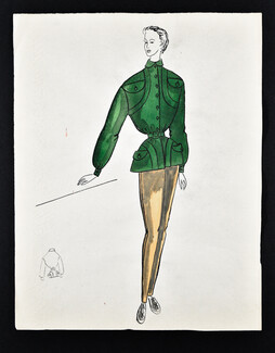Bassia 1960 Original Fashion Drawing, Green Jacket, Yellow Trousers