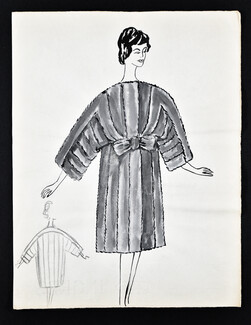 Bassia 1960 Original Fashion Drawing, Grey Coat