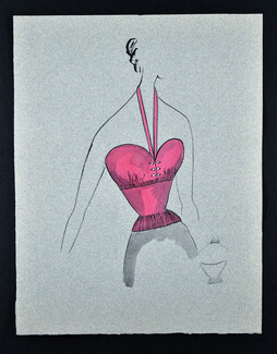 Bassia 1960 Original Fashion Drawing, Fuchsia Bustier