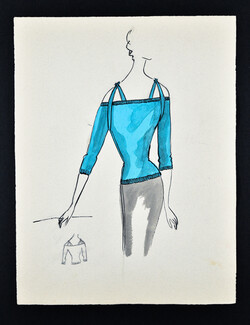 Bassia 1960 Original Fashion Drawing, Turquoise Knitwear