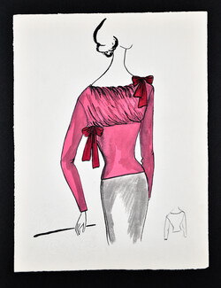 Bassia 1960 Original Fashion Drawing, Pink Blouse