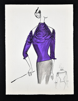 Bassia 1960 Original Fashion Drawing, Blue Purple Knitwear