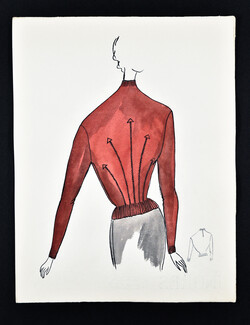 Bassia 1960 Original Fashion Drawing, Brick Red Knitwear